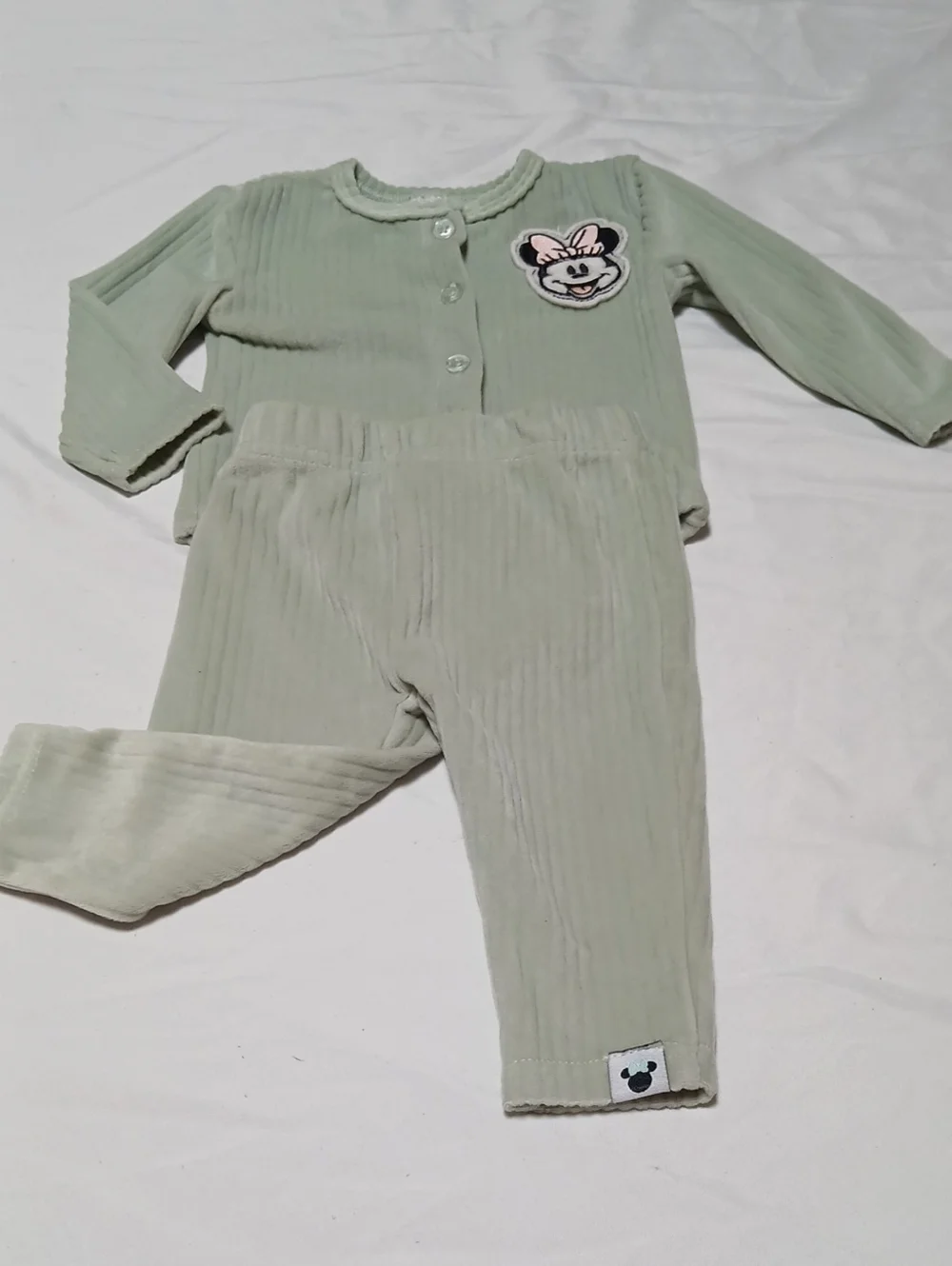 Disney Baby Sage Green Ribbed Two-Piece Set with Minnie Patch